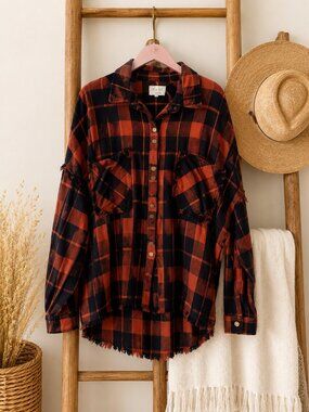 Oli & Hali Oversized Plaid Fringe Shacket Button Up Shirt Jacket M/L